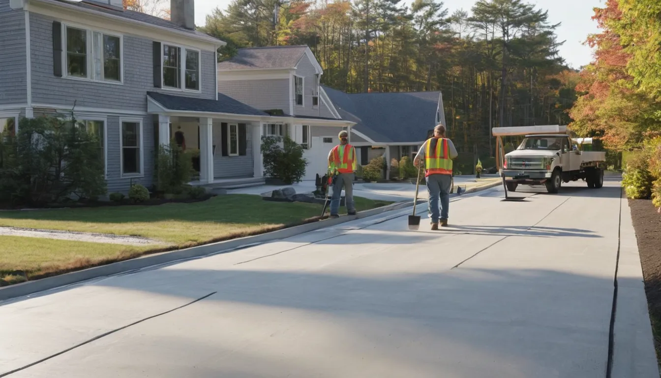 A new broom-finished concrete driveway beside a home in Long Branch after a fresh pour